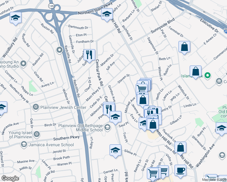 map of restaurants, bars, coffee shops, grocery stores, and more near 7 Gordon Avenue in Plainview