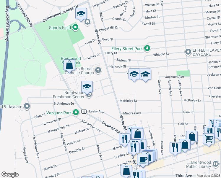 map of restaurants, bars, coffee shops, grocery stores, and more near 169 Wicks Road in Brentwood