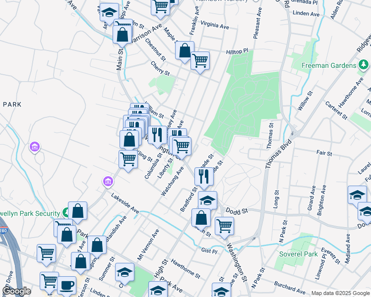 map of restaurants, bars, coffee shops, grocery stores, and more near 182 High Street in West Orange