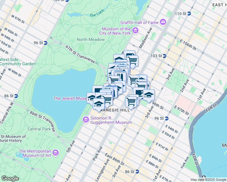 map of restaurants, bars, coffee shops, grocery stores, and more near 28 East 95th Street in New York