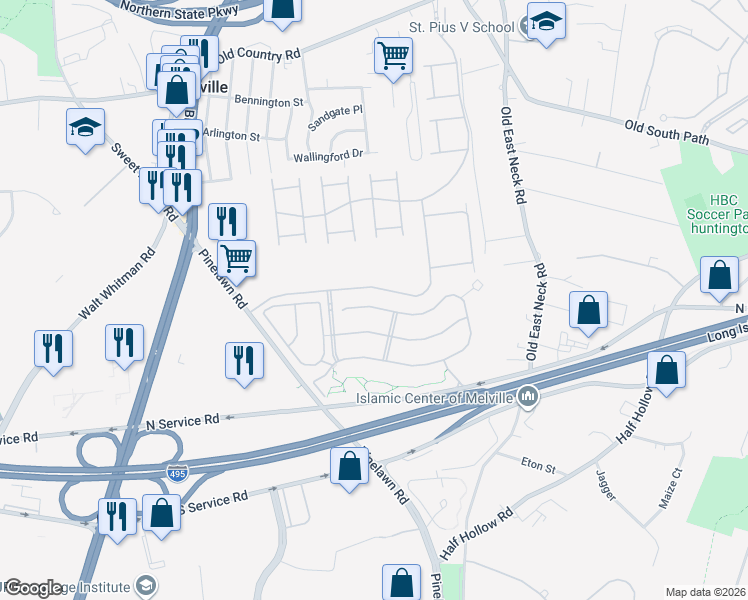 map of restaurants, bars, coffee shops, grocery stores, and more near 254 Rivendell Court in Melville