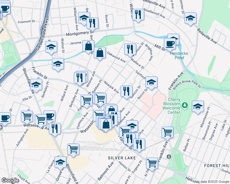 map of restaurants, bars, coffee shops, grocery stores, and more near 412 Watsessing Avenue in Bloomfield