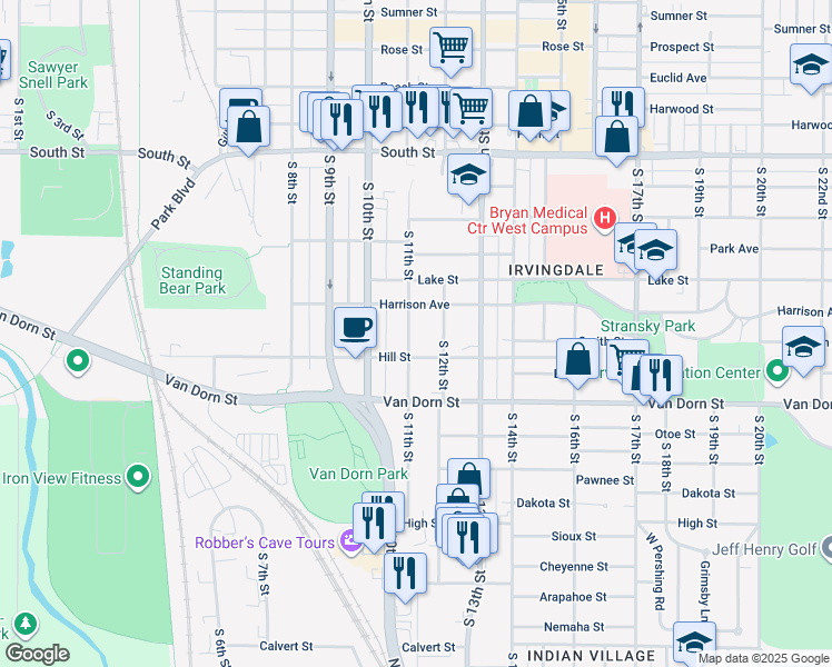 map of restaurants, bars, coffee shops, grocery stores, and more near 2640 South 11th Street in Lincoln