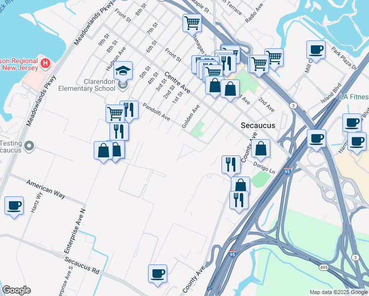 map of restaurants, bars, coffee shops, grocery stores, and more near 659 Chestnut Place in Secaucus