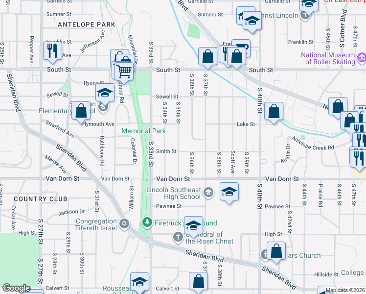 map of restaurants, bars, coffee shops, grocery stores, and more near 2635 South 35th Street in Lincoln