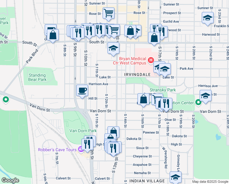 map of restaurants, bars, coffee shops, grocery stores, and more near 2641 South 13th Street in Lincoln