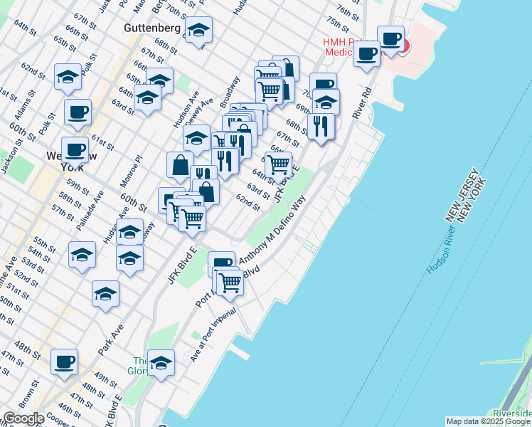 map of restaurants, bars, coffee shops, grocery stores, and more near J F Kennedy Boulevard East & 62nd Street in West New York