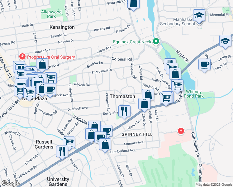 map of restaurants, bars, coffee shops, grocery stores, and more near 2 Spruce Street in Great Neck