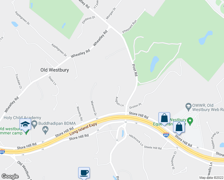 map of restaurants, bars, coffee shops, grocery stores, and more near 10 August Lane in Old Westbury