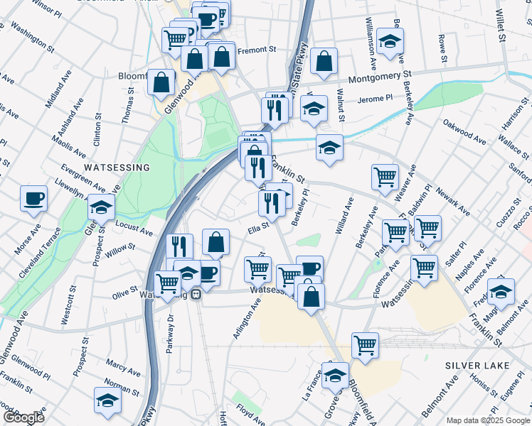 map of restaurants, bars, coffee shops, grocery stores, and more near 70 Hill Street in Bloomfield