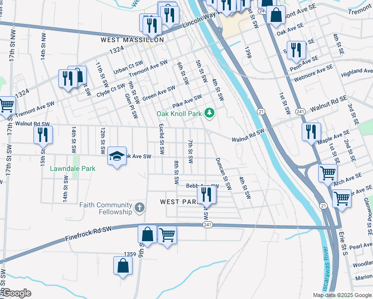 map of restaurants, bars, coffee shops, grocery stores, and more near 817 7th St SW in Massillon