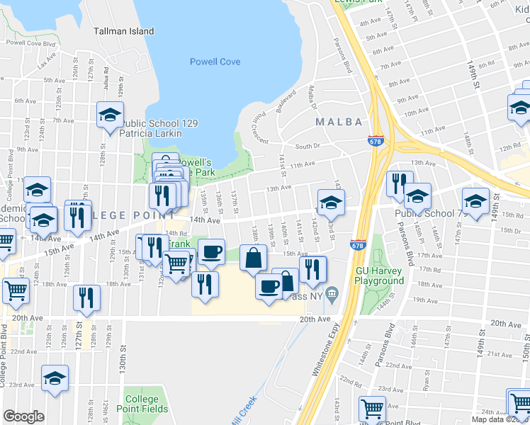 map of restaurants, bars, coffee shops, grocery stores, and more near 13-34 139th Street in Queens