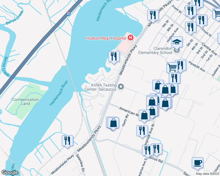 map of restaurants, bars, coffee shops, grocery stores, and more near 389 Whimbrel Lane in Secaucus