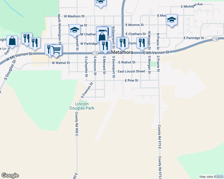 map of restaurants, bars, coffee shops, grocery stores, and more near 501 South Davenport Street in Metamora