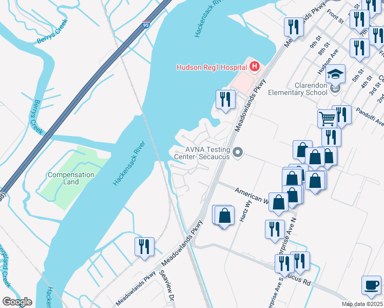map of restaurants, bars, coffee shops, grocery stores, and more near 133 Sunset Key in Secaucus