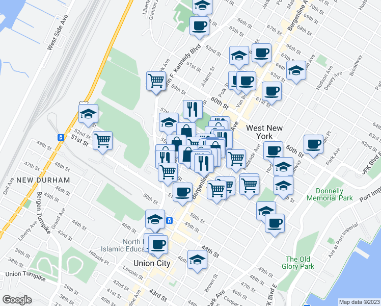 map of restaurants, bars, coffee shops, grocery stores, and more near 554 55th Street in West New York