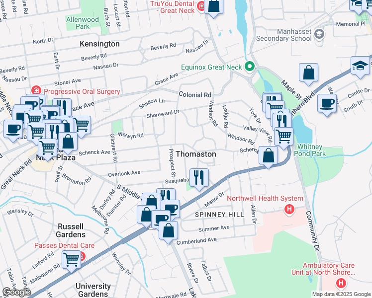 map of restaurants, bars, coffee shops, grocery stores, and more near 2 Spruce Street in Great Neck