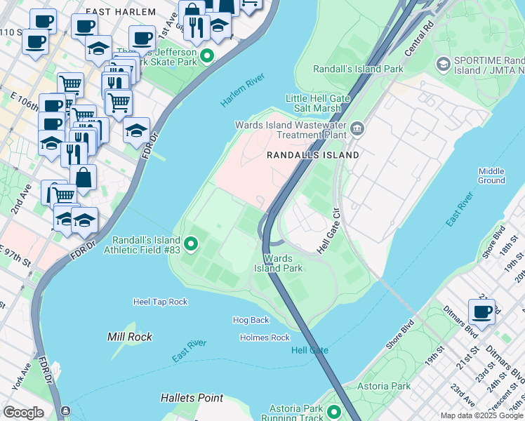 map of restaurants, bars, coffee shops, grocery stores, and more near Sunken Garden Loop in New York