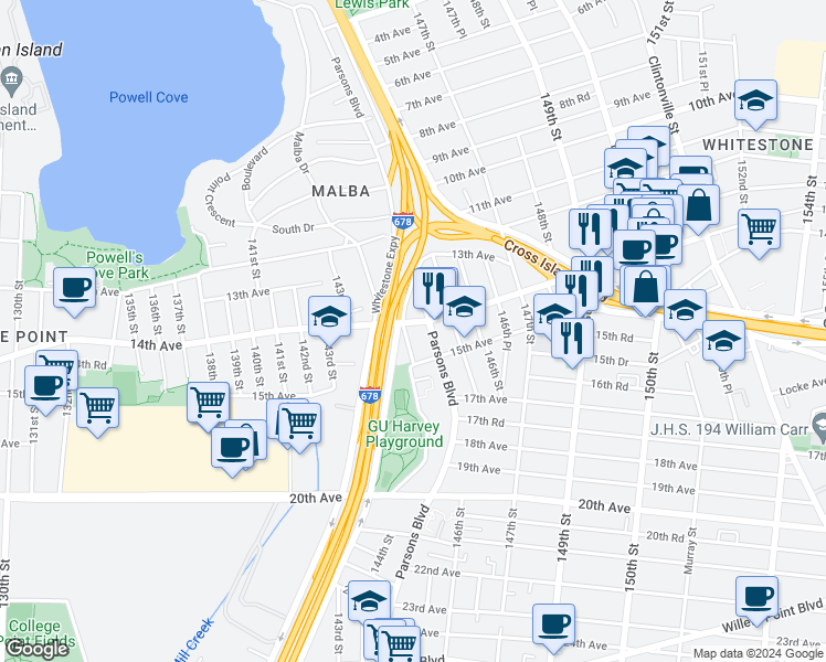map of restaurants, bars, coffee shops, grocery stores, and more near 144-32 14th Avenue in Queens