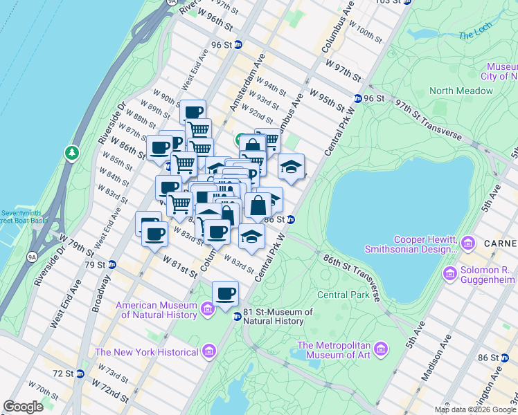 map of restaurants, bars, coffee shops, grocery stores, and more near 50 West 87th Street in New York