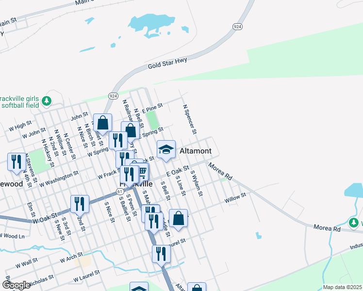 map of restaurants, bars, coffee shops, grocery stores, and more near 20 N Wylam St in Frackville