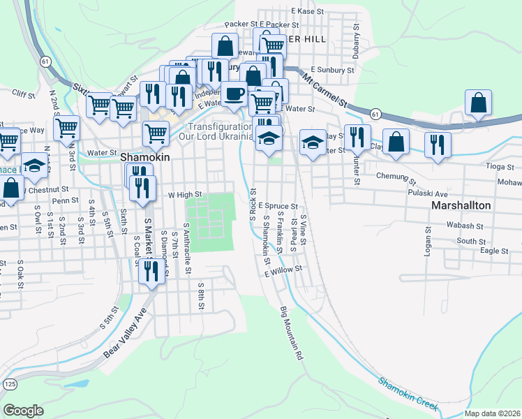 map of restaurants, bars, coffee shops, grocery stores, and more near 119 South Shamokin Street in Shamokin