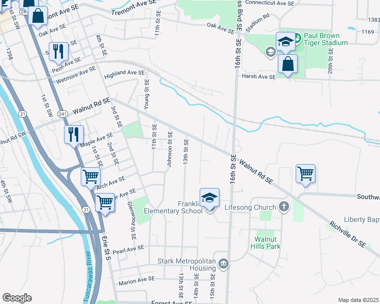 map of restaurants, bars, coffee shops, grocery stores, and more near 928 13th Street Southeast in Massillon