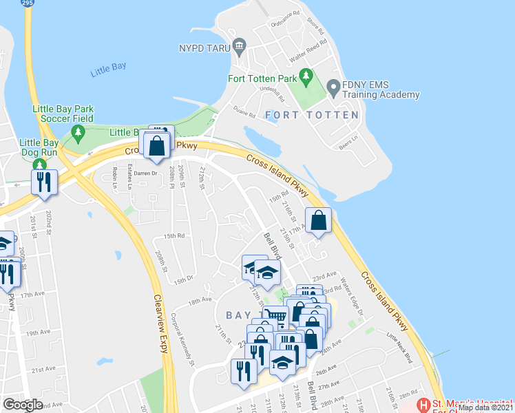 map of restaurants, bars, coffee shops, grocery stores, and more near 15-33 Bell Boulevard in Queens