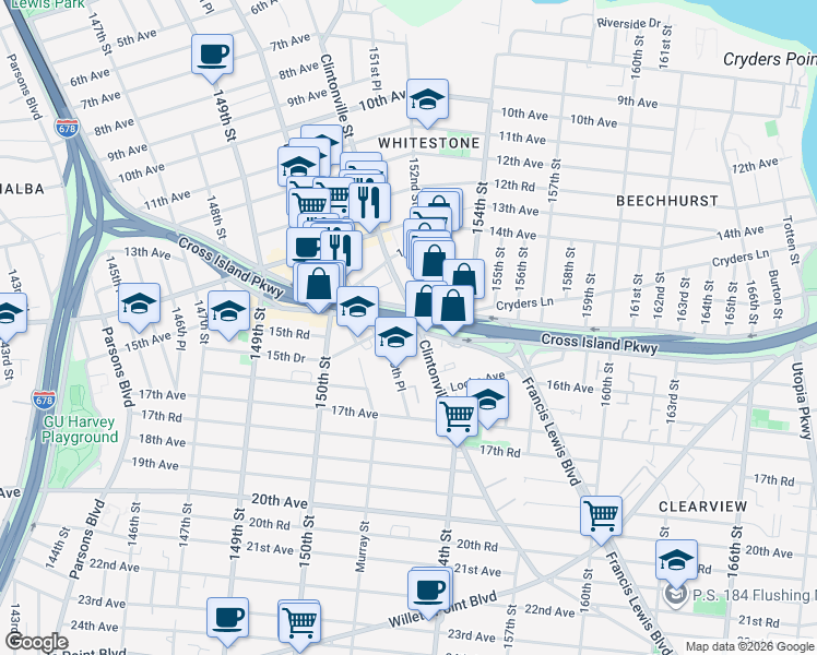 map of restaurants, bars, coffee shops, grocery stores, and more near 150-80 Cross Island Parkway in Queens