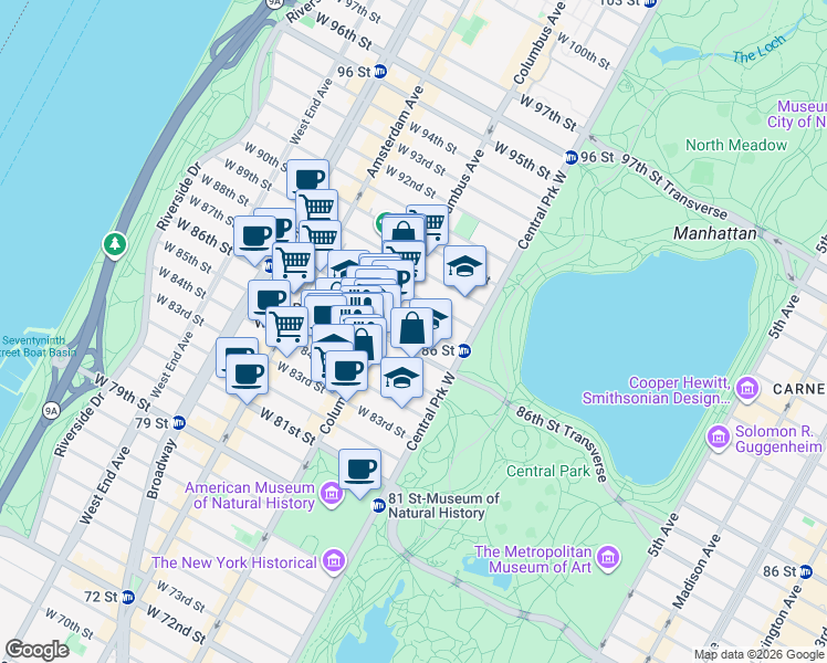 map of restaurants, bars, coffee shops, grocery stores, and more near 50 West 87th Street in New York
