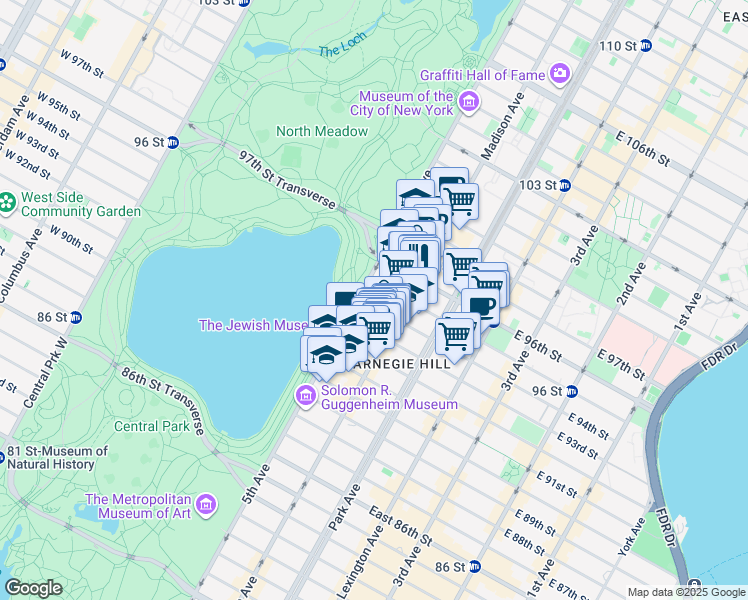 map of restaurants, bars, coffee shops, grocery stores, and more near 1 East 94th Street in New York