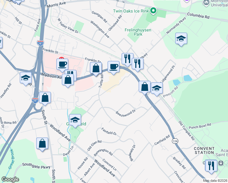 map of restaurants, bars, coffee shops, grocery stores, and more near 50 Village Drive in Morristown