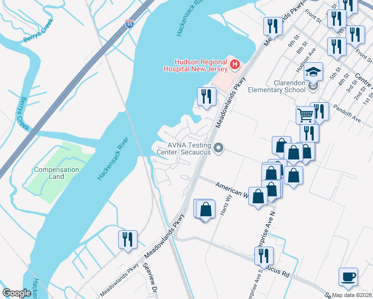 map of restaurants, bars, coffee shops, grocery stores, and more near 450 Dunlin Plaza in Secaucus