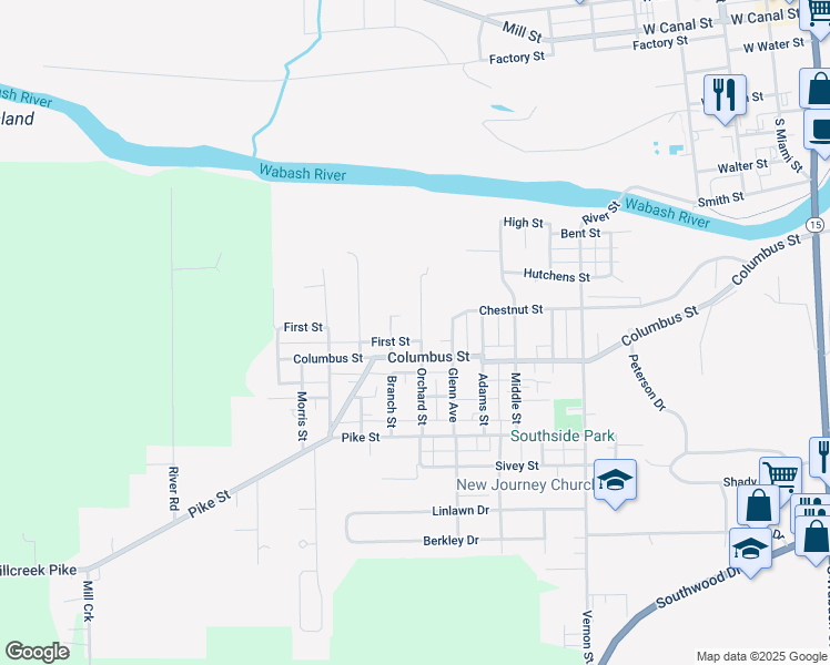 map of restaurants, bars, coffee shops, grocery stores, and more near 1346 Orchard Street in Wabash