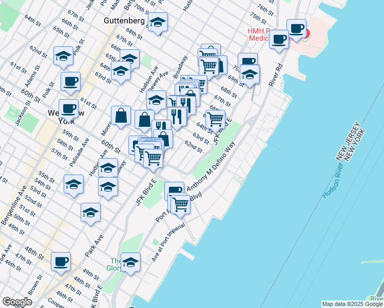 map of restaurants, bars, coffee shops, grocery stores, and more near 6114 Highland Place in West New York