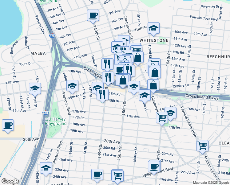 map of restaurants, bars, coffee shops, grocery stores, and more near 149-33 15th Road in Queens