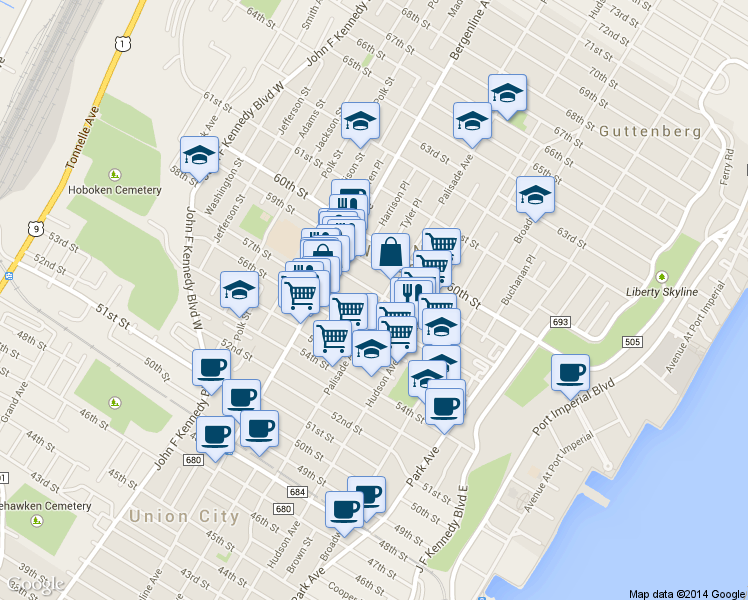 map of restaurants, bars, coffee shops, grocery stores, and more near 410 57th Street in West New York