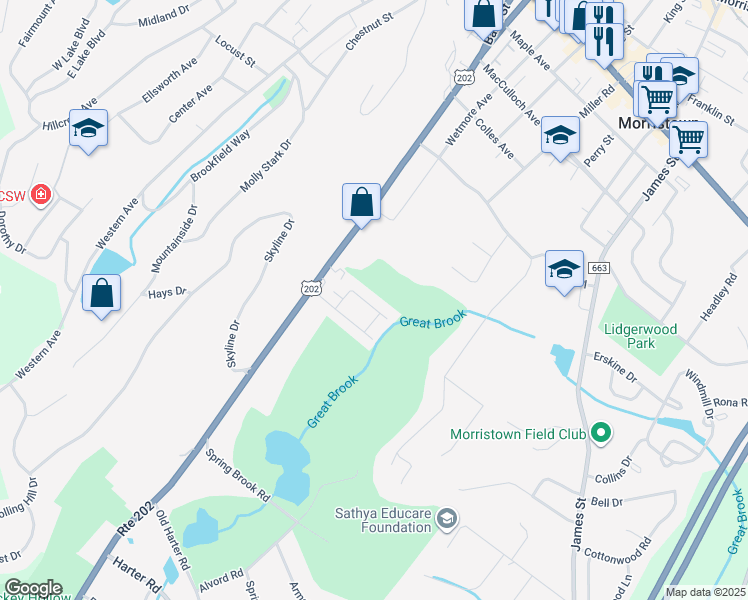map of restaurants, bars, coffee shops, grocery stores, and more near 56 Keats Way in Morristown