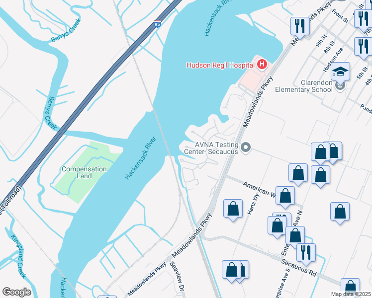 map of restaurants, bars, coffee shops, grocery stores, and more near 133 Sunset Key in Secaucus