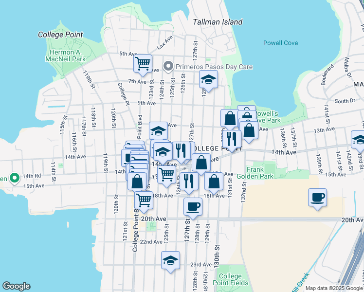 map of restaurants, bars, coffee shops, grocery stores, and more near 1303 126th Street in Queens