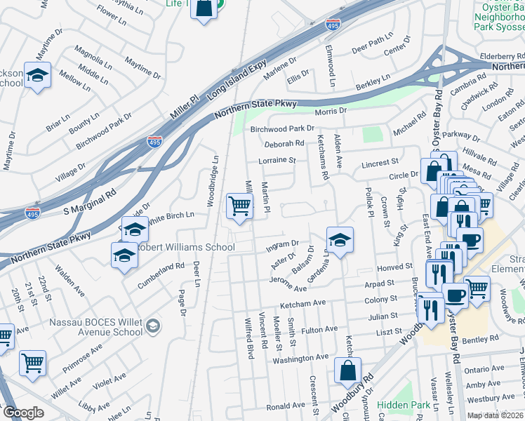 map of restaurants, bars, coffee shops, grocery stores, and more near 203 Miller Place in Syosset