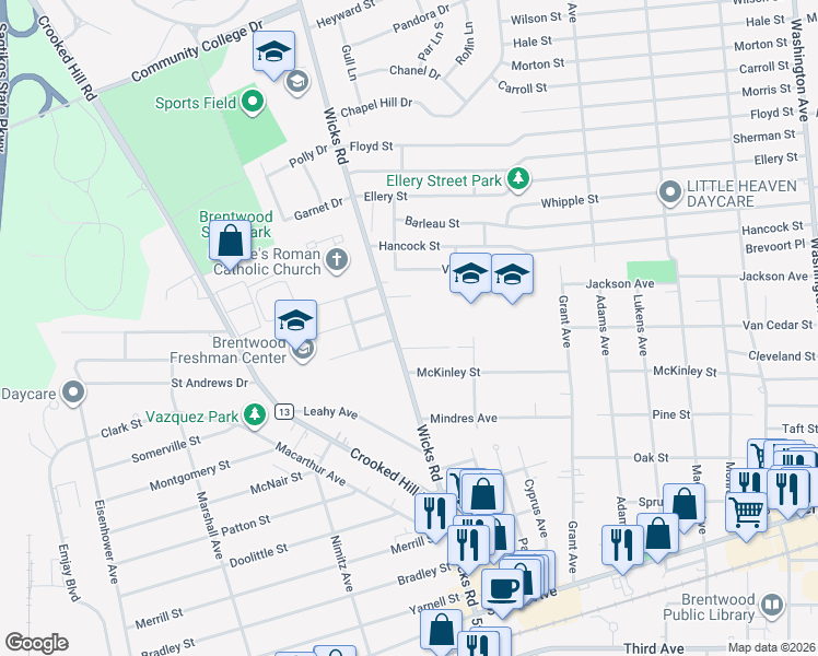 map of restaurants, bars, coffee shops, grocery stores, and more near 169 Wicks Rd in Brentwood