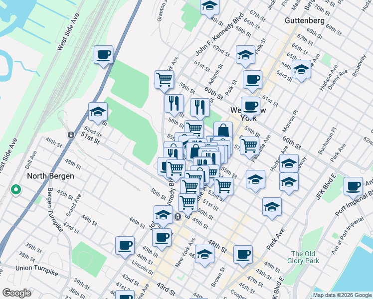 map of restaurants, bars, coffee shops, grocery stores, and more near 5409 Jackson Street in West New York