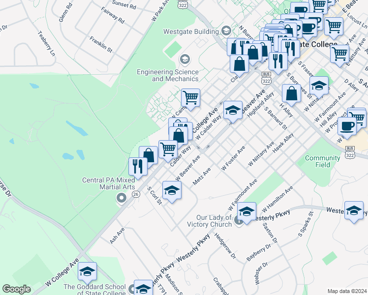 map of restaurants, bars, coffee shops, grocery stores, and more near 906 West College Avenue in State College