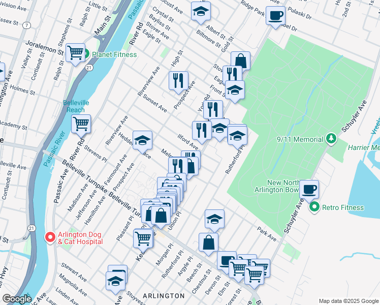 map of restaurants, bars, coffee shops, grocery stores, and more near 20 Hendel Avenue in North Arlington