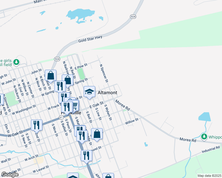 map of restaurants, bars, coffee shops, grocery stores, and more near 11 South Spencer Street in Frackville