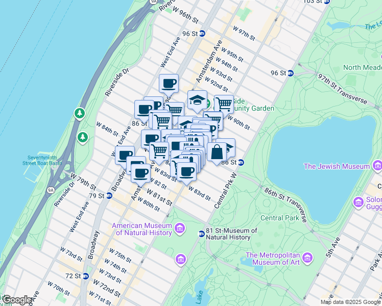 map of restaurants, bars, coffee shops, grocery stores, and more near 116 West 86th Street in New York