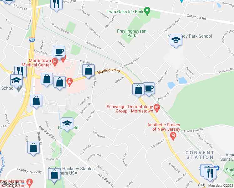 map of restaurants, bars, coffee shops, grocery stores, and more near 189 Madison Ave in Morristown