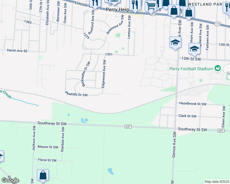 map of restaurants, bars, coffee shops, grocery stores, and more near 3234 Pinehills Drive Southwest in Massillon