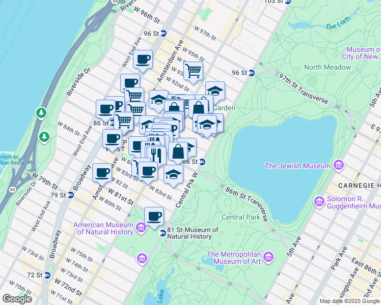 map of restaurants, bars, coffee shops, grocery stores, and more near 7 West 87th Street in New York